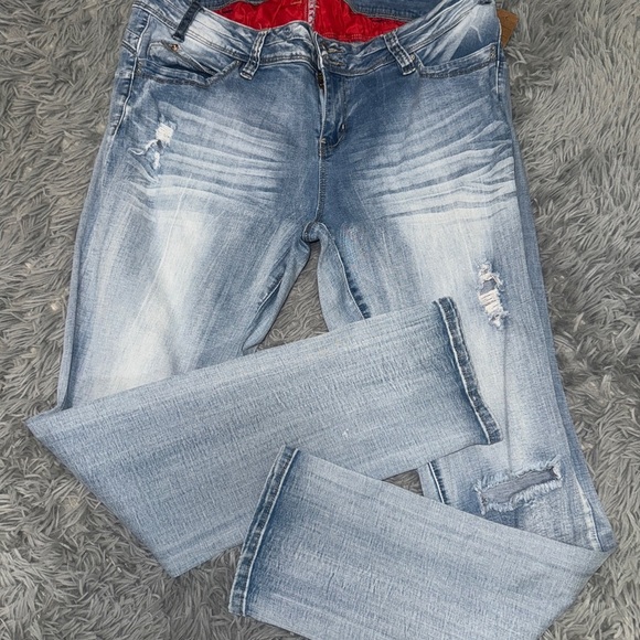 Blue Straight Leg Distressed Jeans - Picture 1 of 4